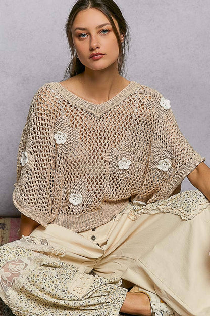 "Bloomin' Filly" Floral Patch Open Sweater Top Sand