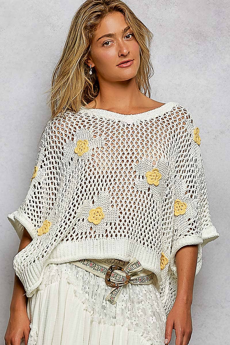 "Bloomin' Filly" Floral Patch Open Sweater Top Ivory Yellow