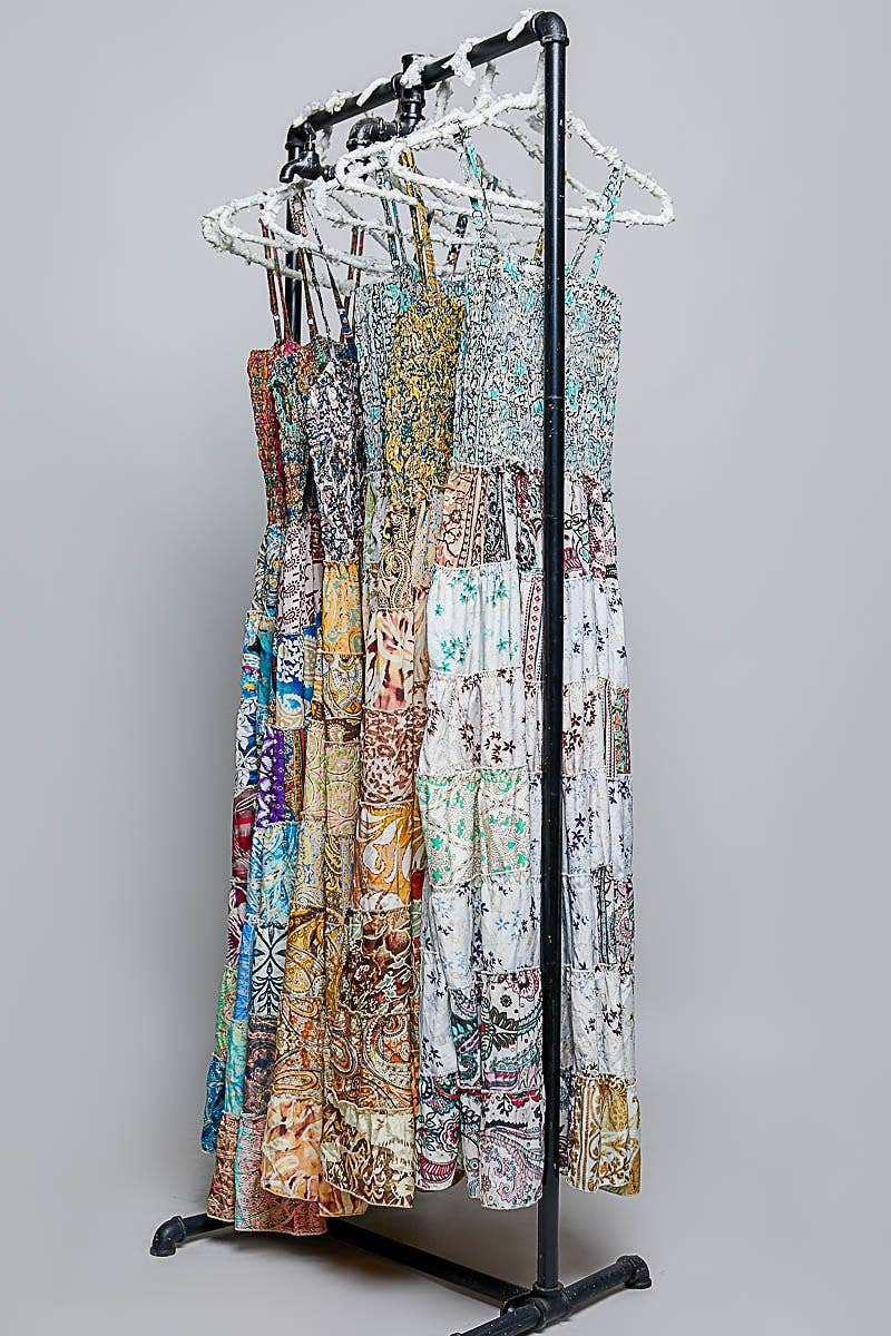 "Boho Patch" Square Neck Smocked Maxi Dress
