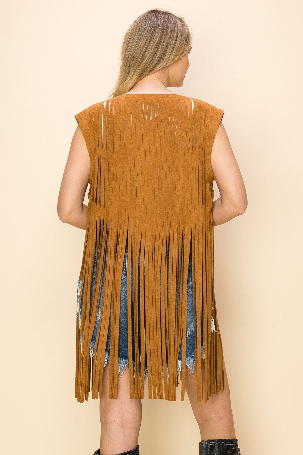 "Dolly" Laser Cut Long Fringe Suede Vest in Camel