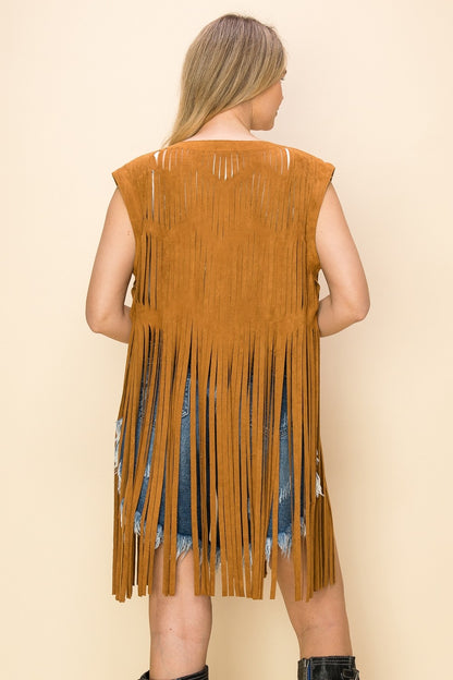 "Dolly" Laser Cut Long Fringe Suede Vest in Camel