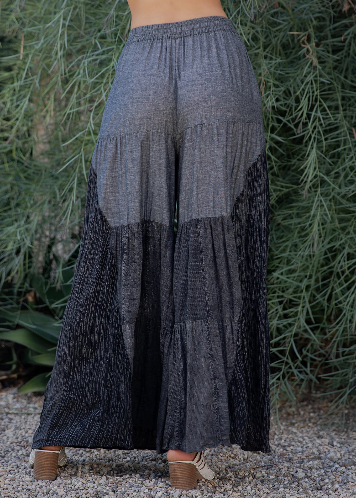 "Cascade" Chambray Paneled Tiered Pants in Black