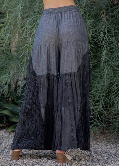 "Cascade" Chambray Paneled Tiered Pants in Black