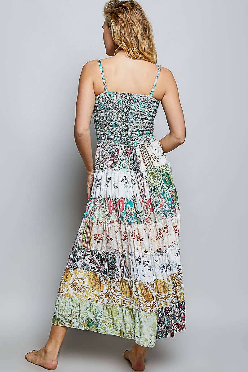 "Boho Patch" Square Neck Smocked Maxi Dress