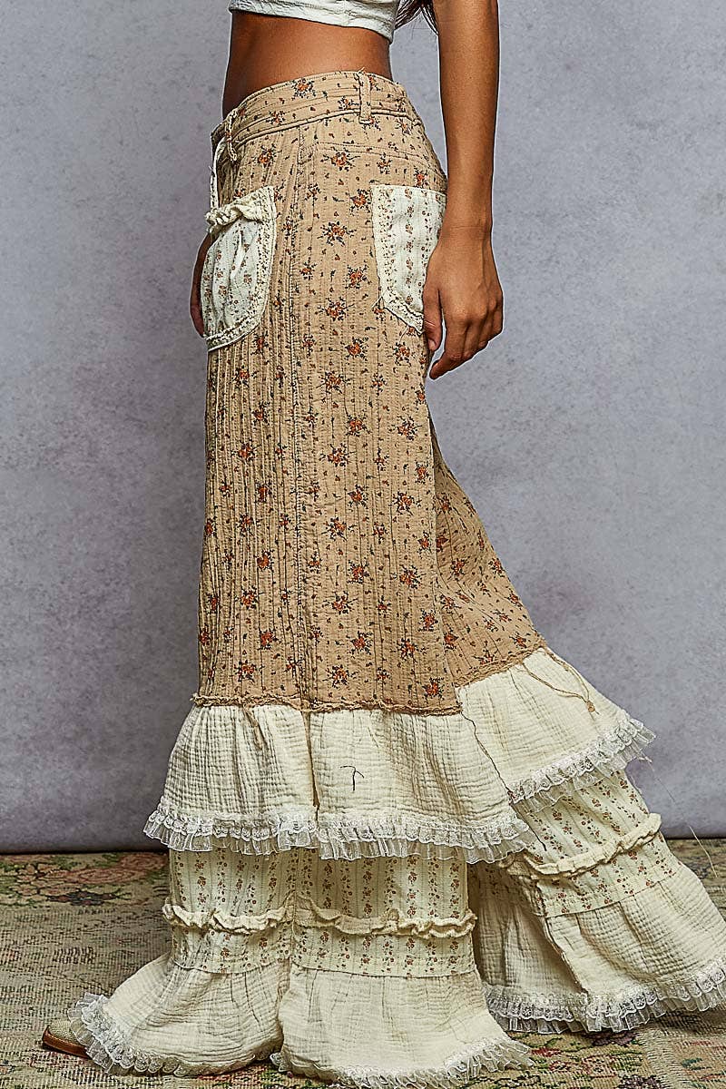 "Daphne" Double Gauze Floral Ruffle Wide Leg Pants Mocha