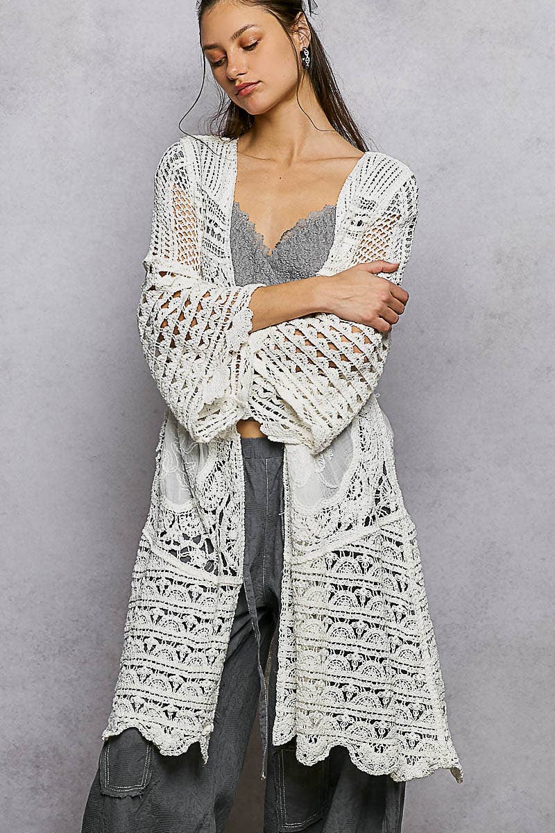 "Casey" Crochet Scalloped Edge Cardigan Off-White