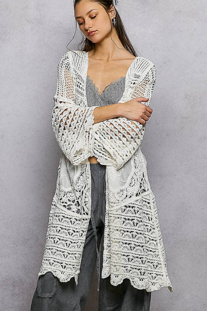 "Casey" Crochet Scalloped Edge Cardigan Off-White