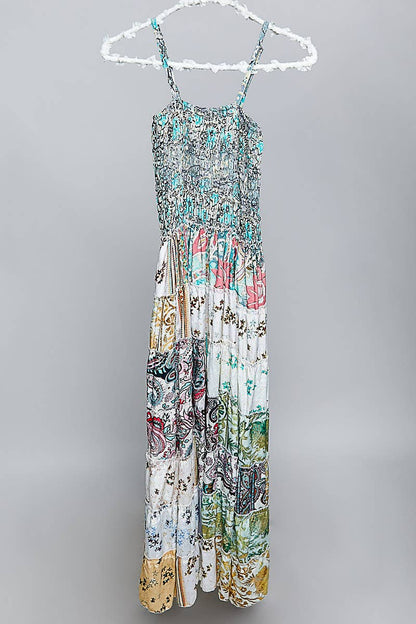 "Boho Patch" Square Neck Smocked Maxi Dress
