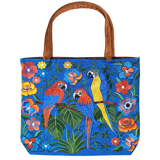 "Boho Parrot" Embroidered Floral Suede Tote Bag
