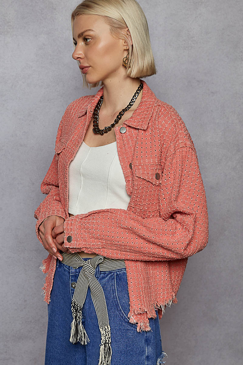 "Lennon" Laser Textured Distressed Twill Jacket in Dusty Pink