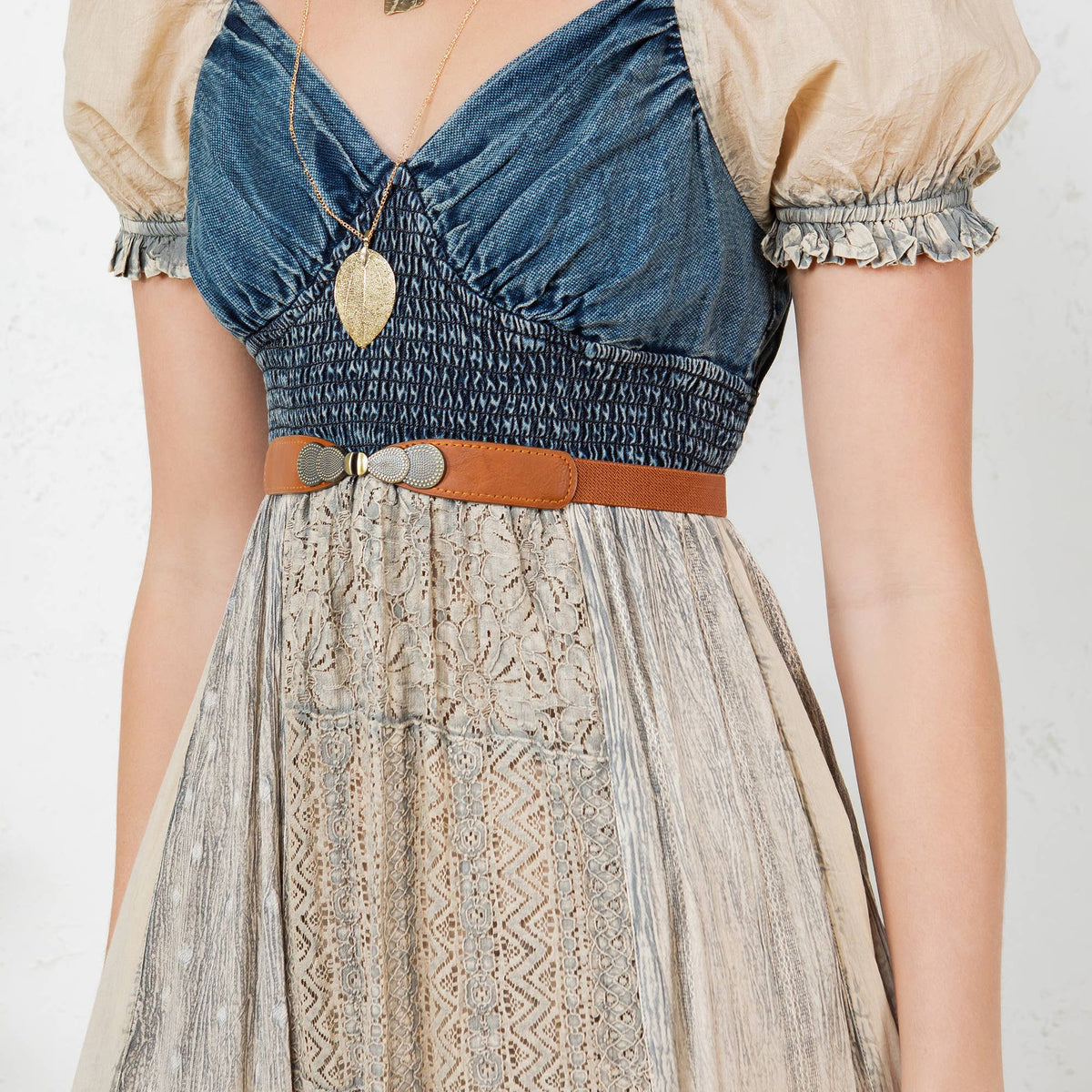 "Peasant" Ruffled Hem Midi Dress Latte and Denim