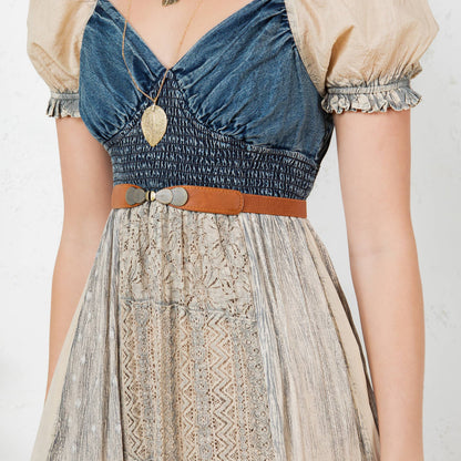 "Peasant" Ruffled Hem Midi Dress Latte and Denim