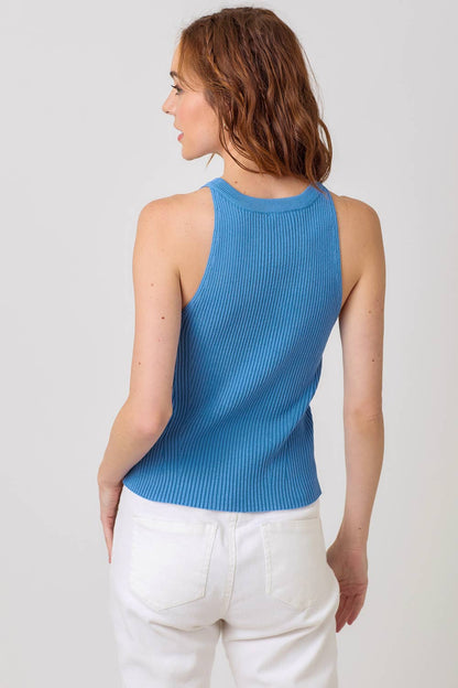 "Route 66" Halter Neck Ribbed Tank in Blue