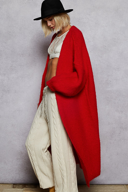 "Bailey" Long Red Sweater Open Cardigan