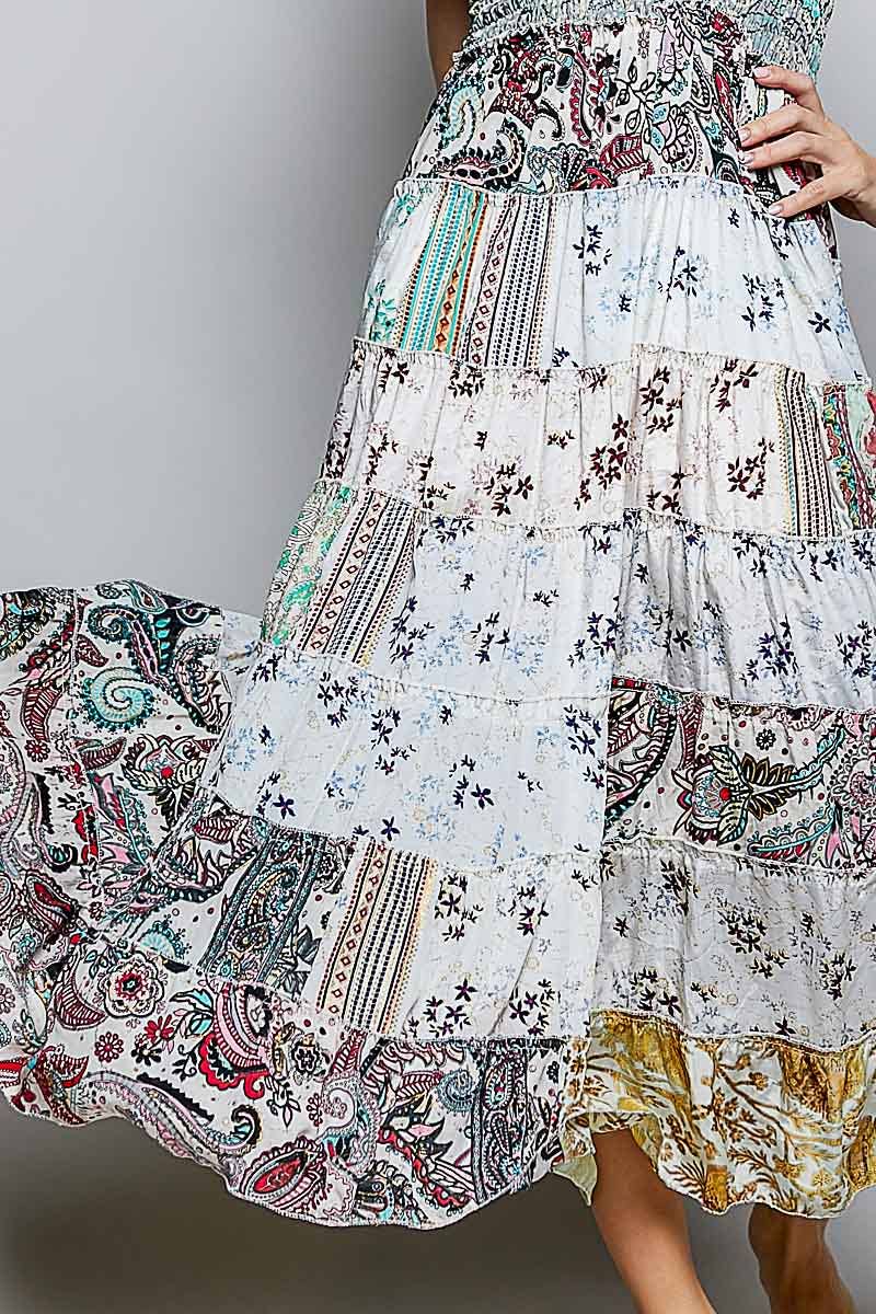 "Boho Patch" Square Neck Smocked Maxi Dress