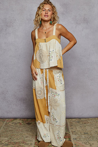 "Deacon" Patchwork Wide Leg Pants in Ivory Honey