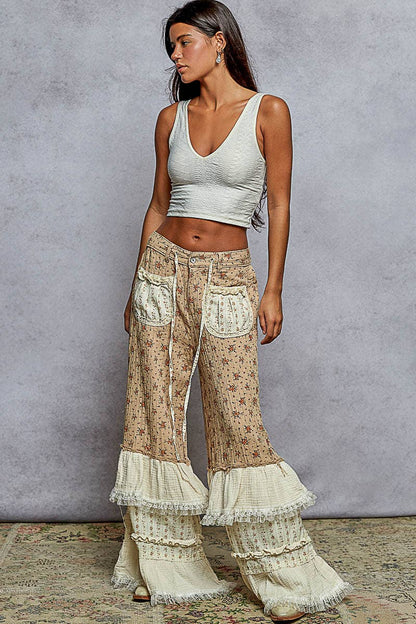 "Daphne" Double Gauze Floral Ruffle Wide Leg Pants Mocha