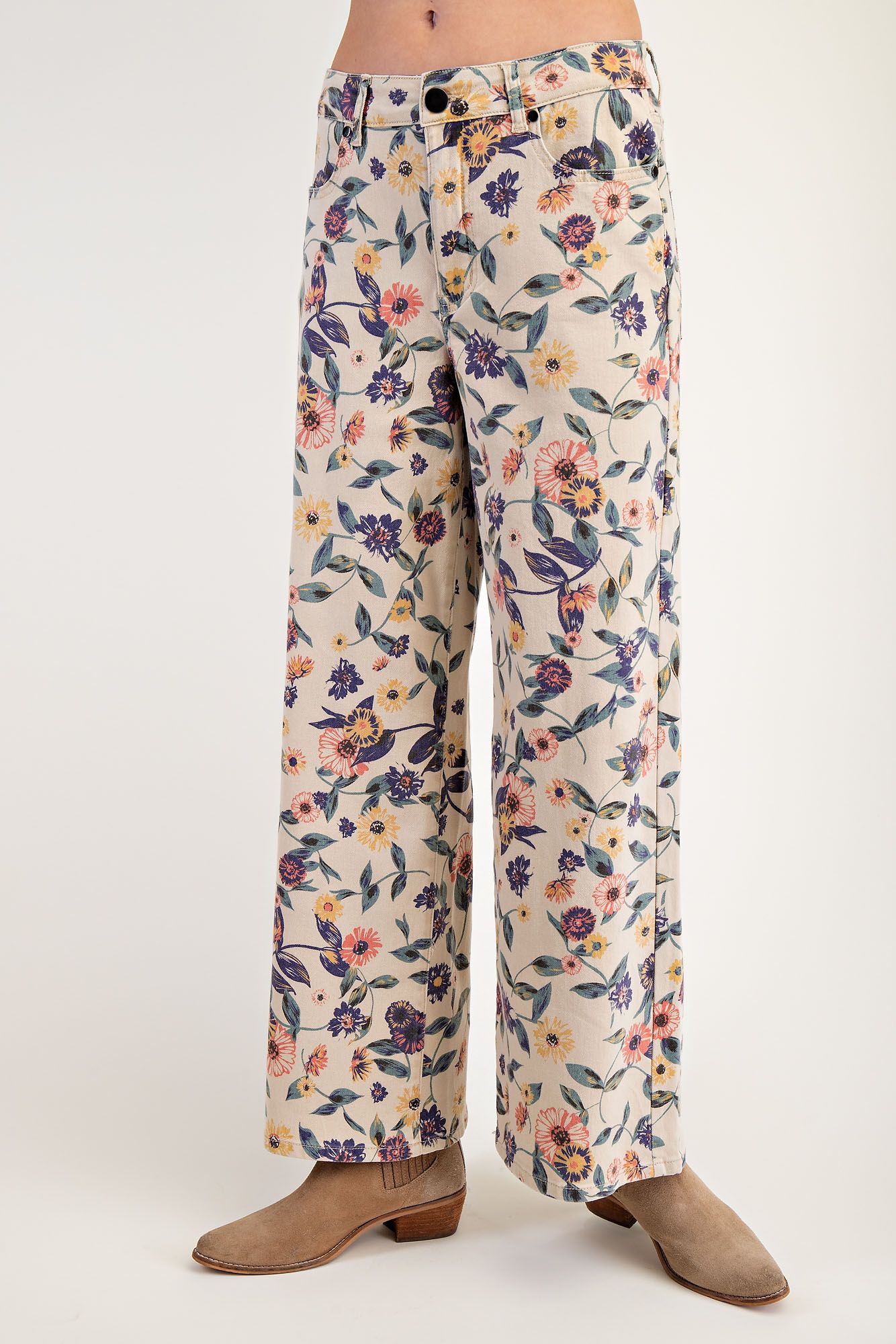 "Bloomers" Floral Print Twill Pants Lt Khaki