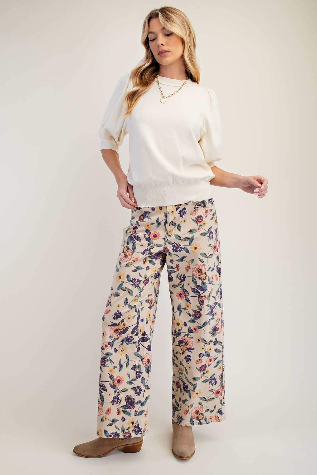 "Bloomers" Floral Print Twill Pants Lt Khaki