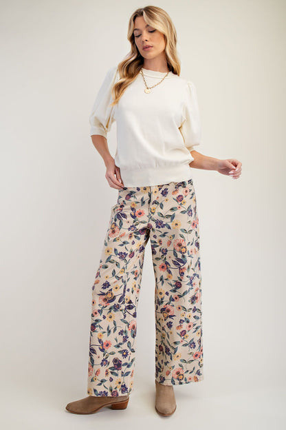 "Bloomers" Floral Print Twill Pants Lt Khaki