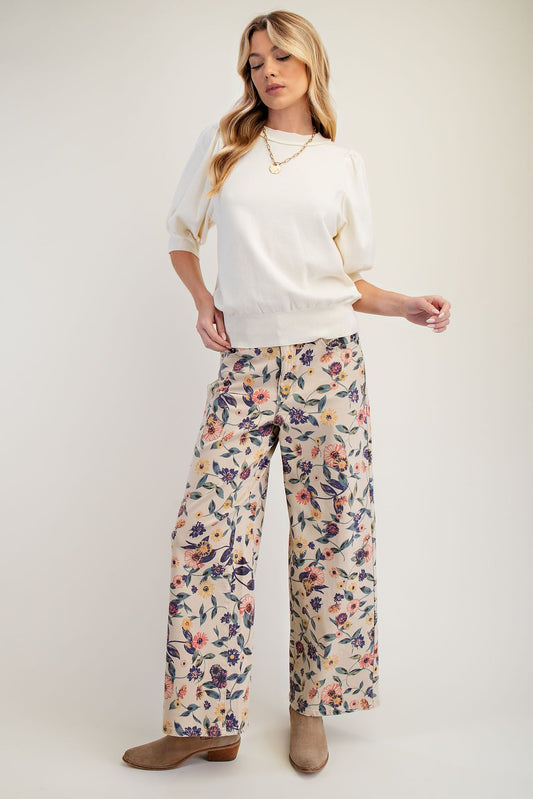 "Bloomers" Floral Print Twill Pants Lt Khaki