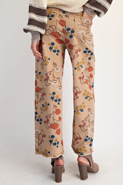 "Phoebe" Graphic Floral Print Twill Pants in Khaki