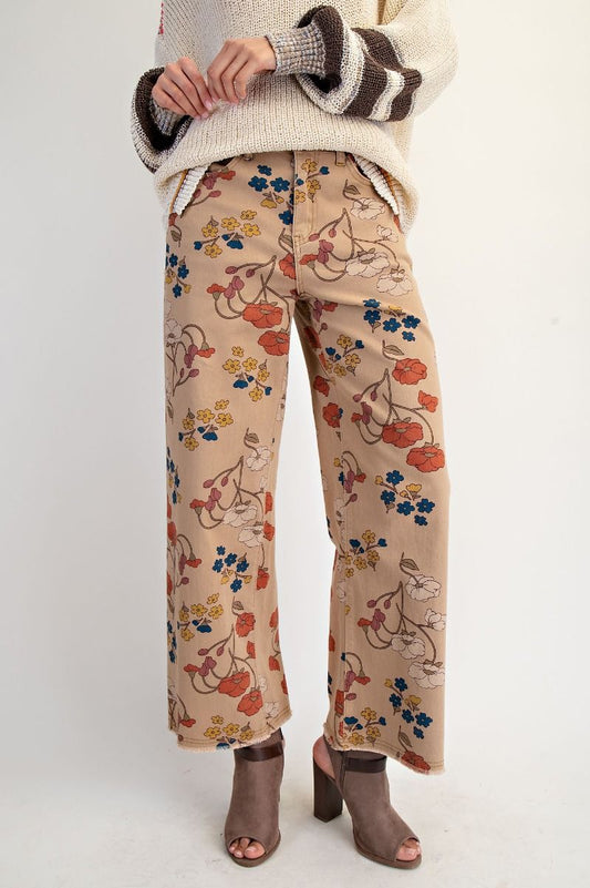 "Phoebe" Graphic Floral Print Twill Pants in Khaki