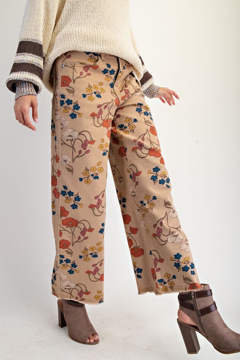 "Phoebe" Graphic Floral Print Twill Pants in Khaki