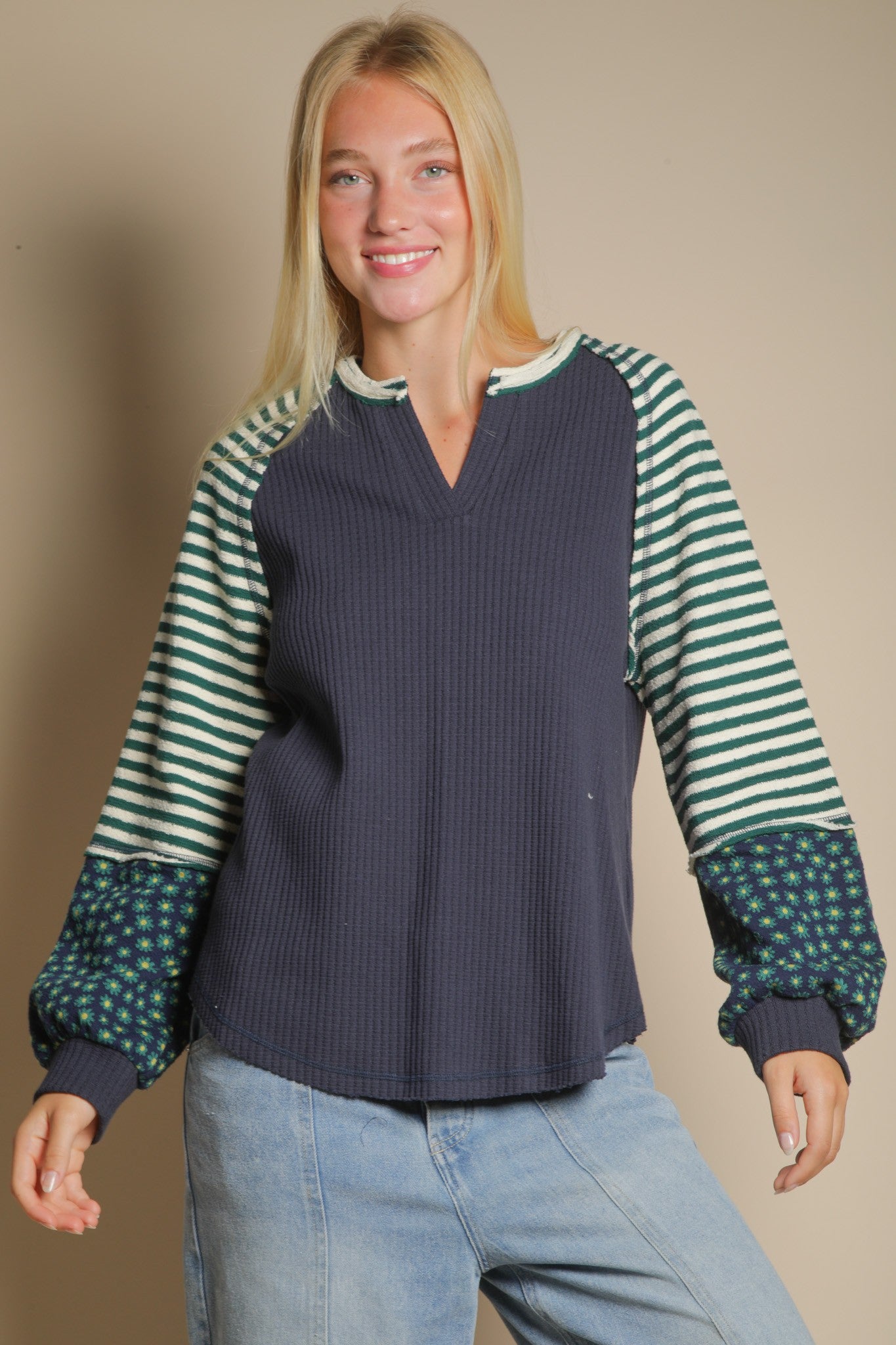 "Freda" Floral Stripe Balloon Sleeve Knit Top Blue Green