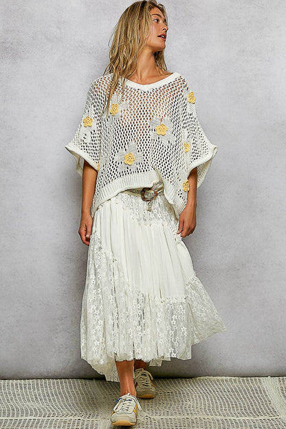 "Bloomin' Filly" Floral Patch Open Sweater Top Ivory Yellow