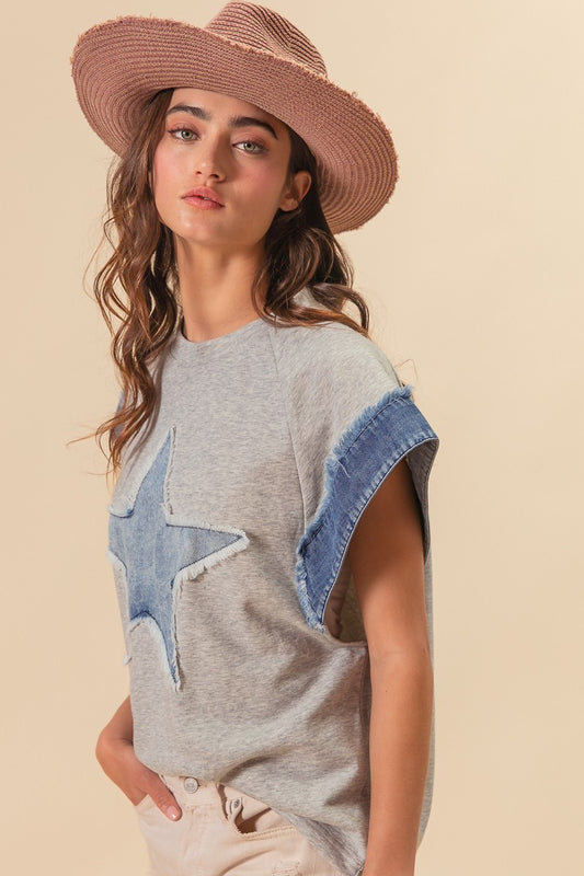 "American Star" French Terry Denim Top in Heather Gray