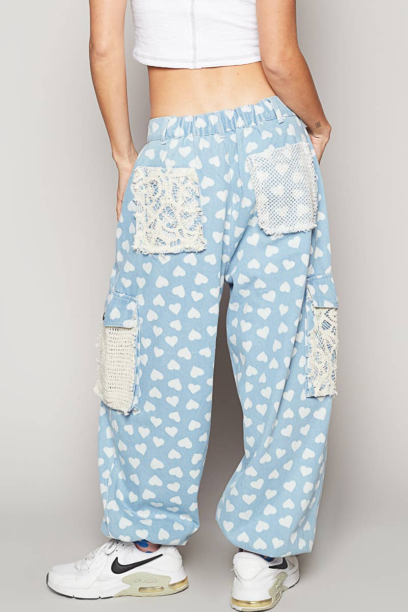 "Heart Joy" Cargo Pants Joggers in Lt Blue