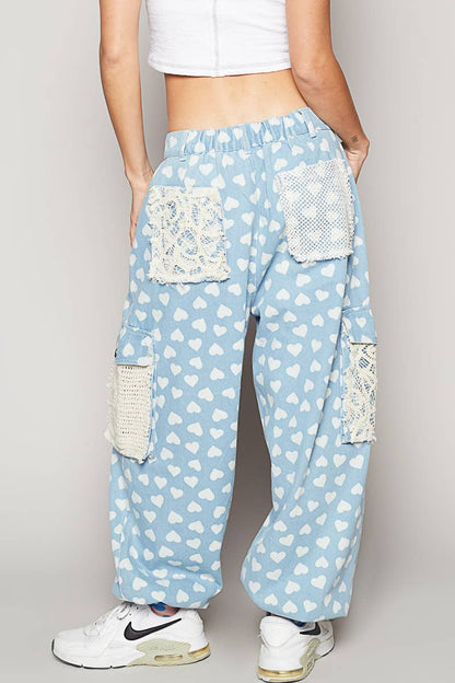 "Heart Joy" Cargo Pants Joggers in Lt Blue