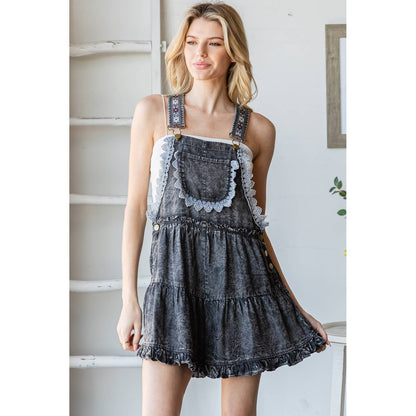 "Life Romper" Embroidered Tencel Overall Shorts in Washed Blue