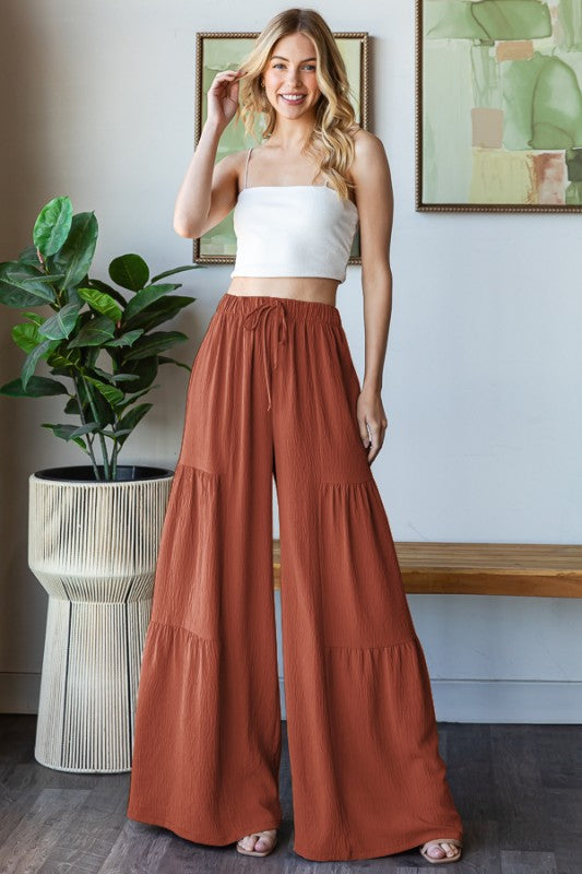 "Janine Rust" Wide Leg Tiered Pants in Rust