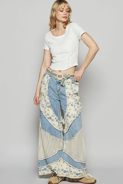 "Horseshoe" Denim Floral Print Crochet Jeans