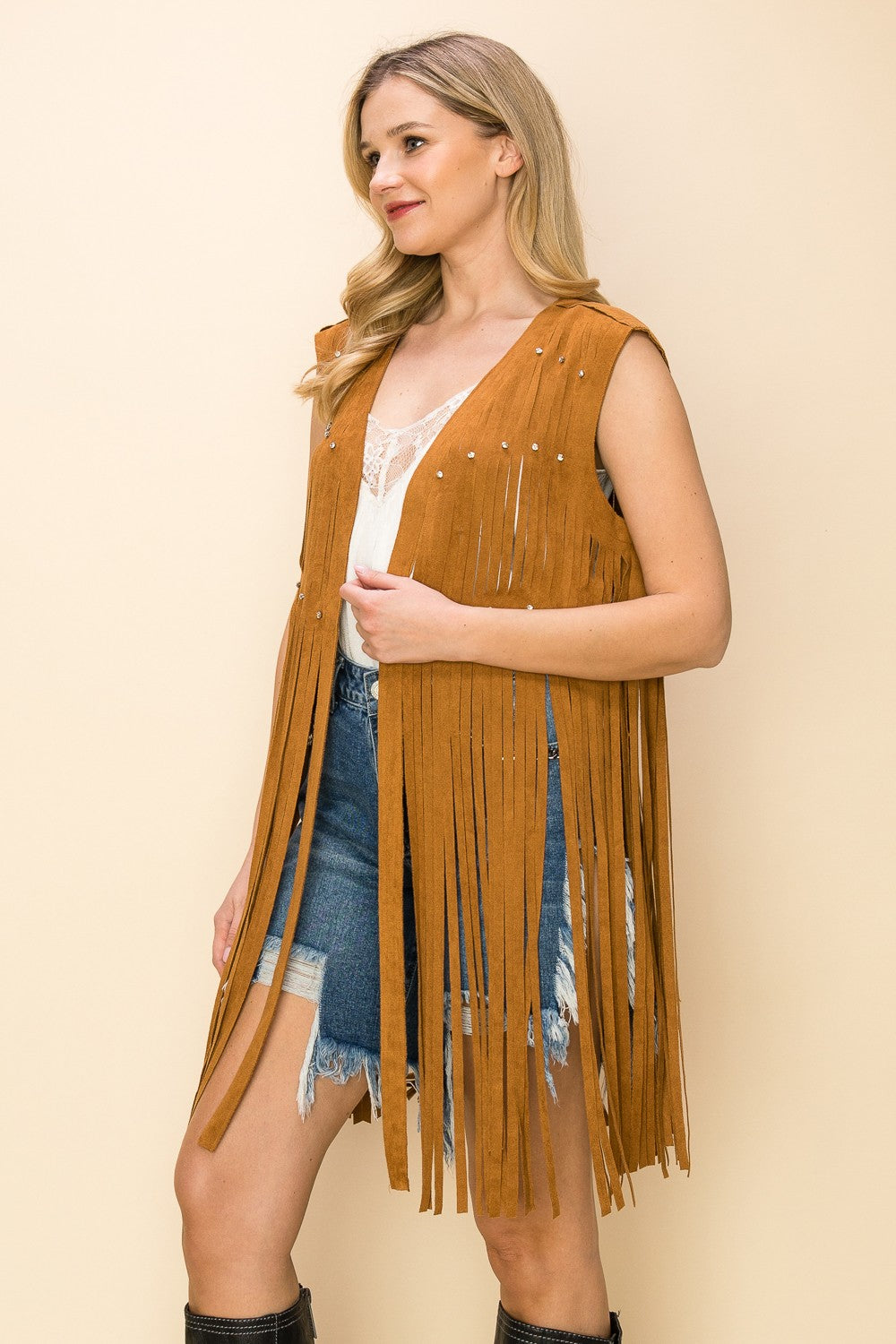 "Dolly" Laser Cut Long Fringe Suede Vest in Camel