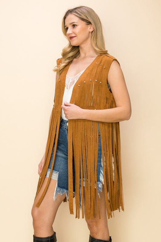 "Dolly" Laser Cut Long Fringe Suede Vest in Camel