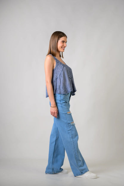"Petticoat" Sleeveless Viscose Tank Top in Grey/Blue