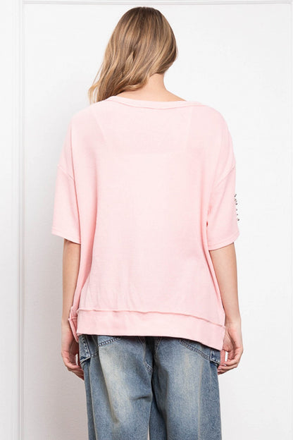 "Starla" Studded Star Thermal Tee in Pink