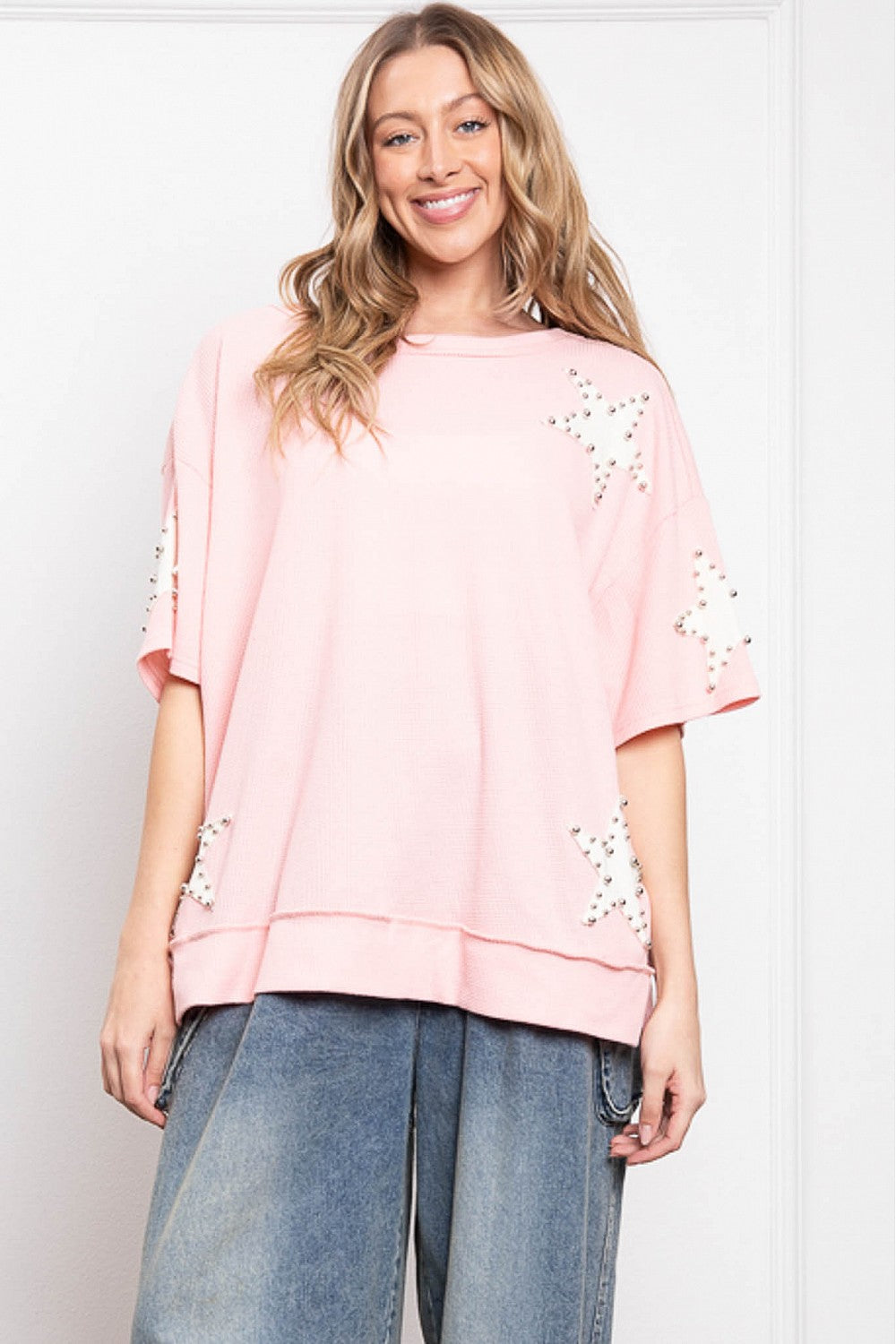 "Starla" Studded Star Thermal Tee in Pink