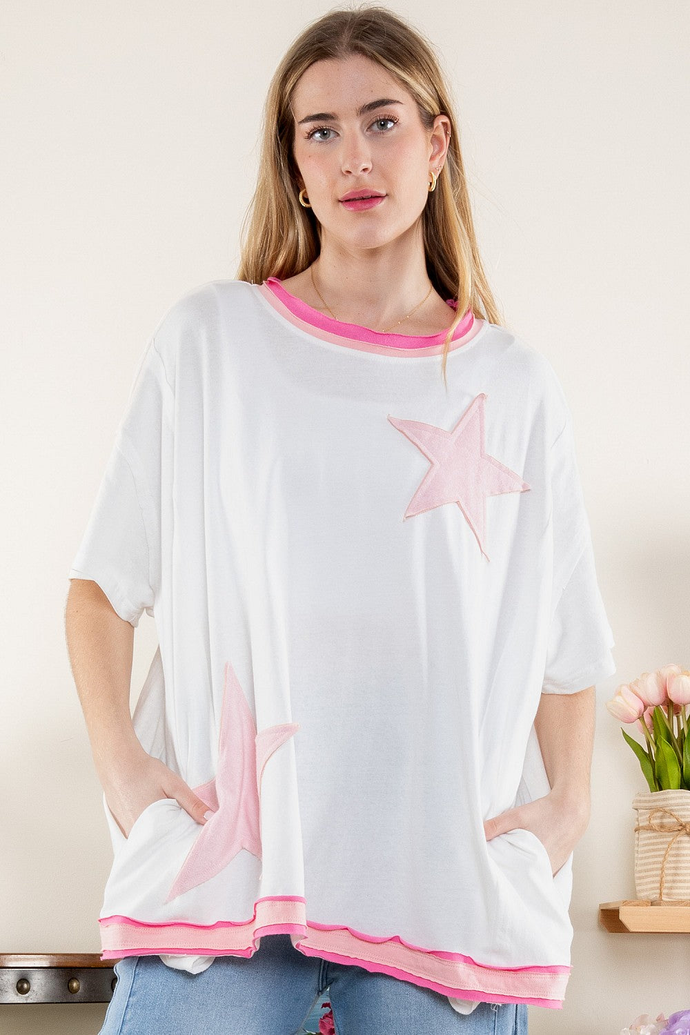 "Estrella" Star Applique Top White Pink