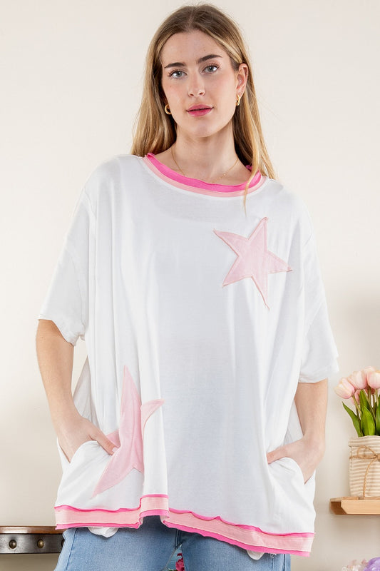 "Estrella" Star Applique Top White Pink