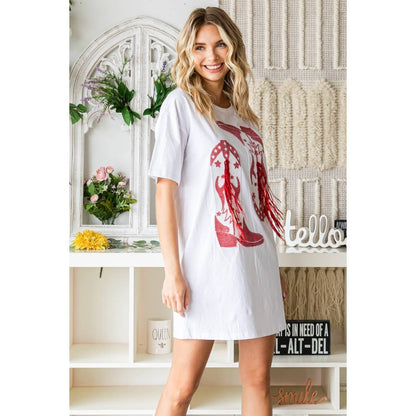 "Cowgirl Fringe" Boots Sequined Patch Tee Dress in White