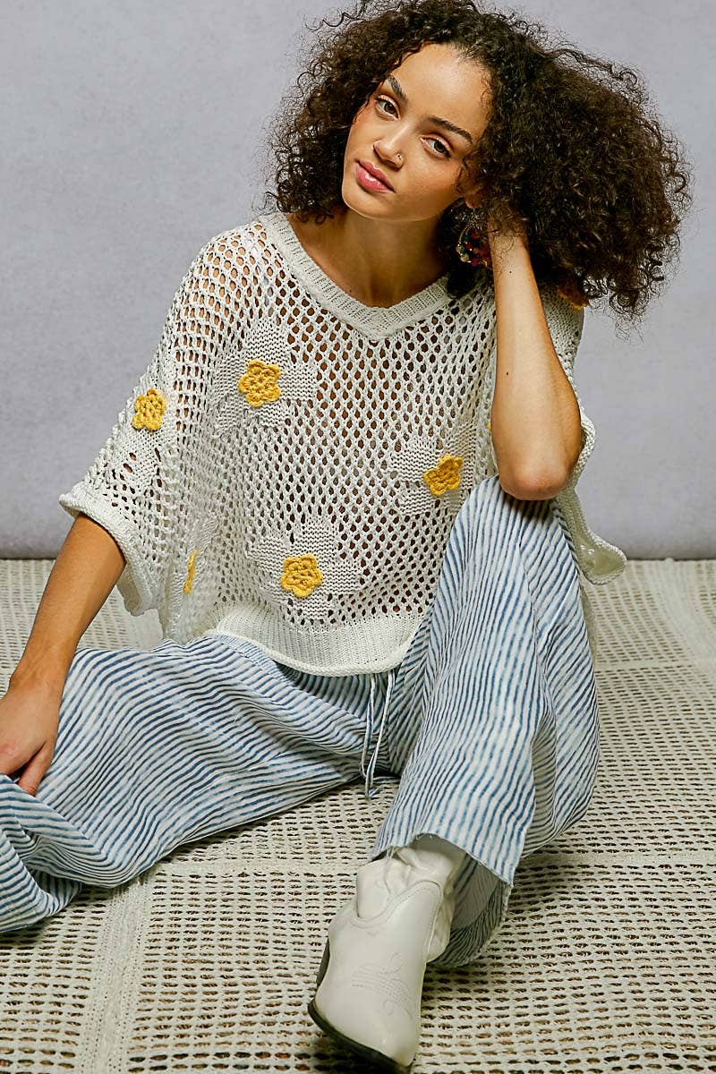 "Bloomin' Filly" Floral Patch Open Sweater Top Ivory Yellow