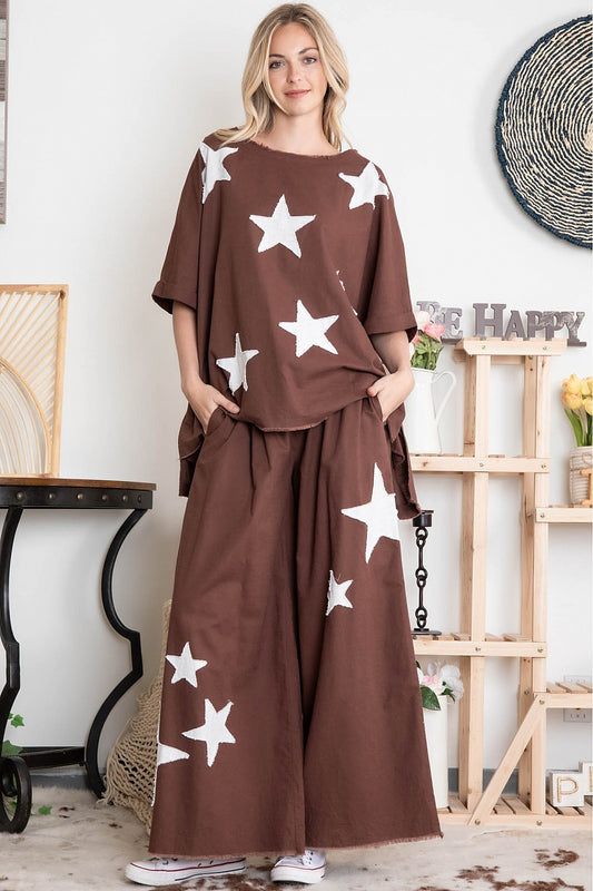 "Cassia" Star Patch Top & Pants Set in Brown