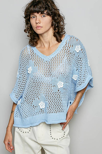 "Bloomin' Filly" Floral Patch Open Sweater Top Sky Blue