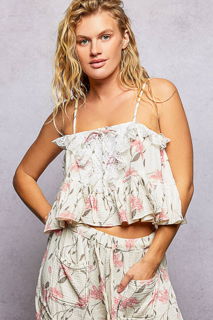 "Anna" Lace Ruffles Crop Floral Top