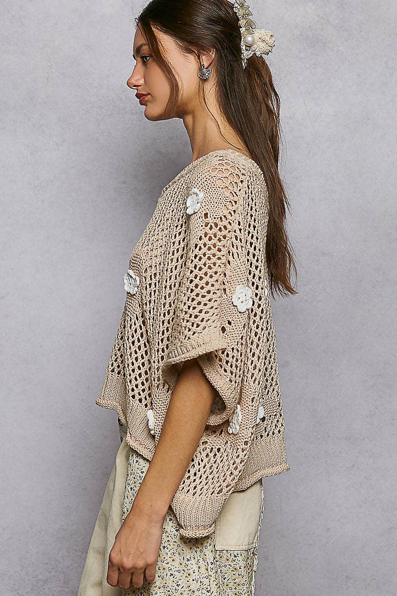 "Bloomin' Filly" Floral Patch Open Sweater Top Sand