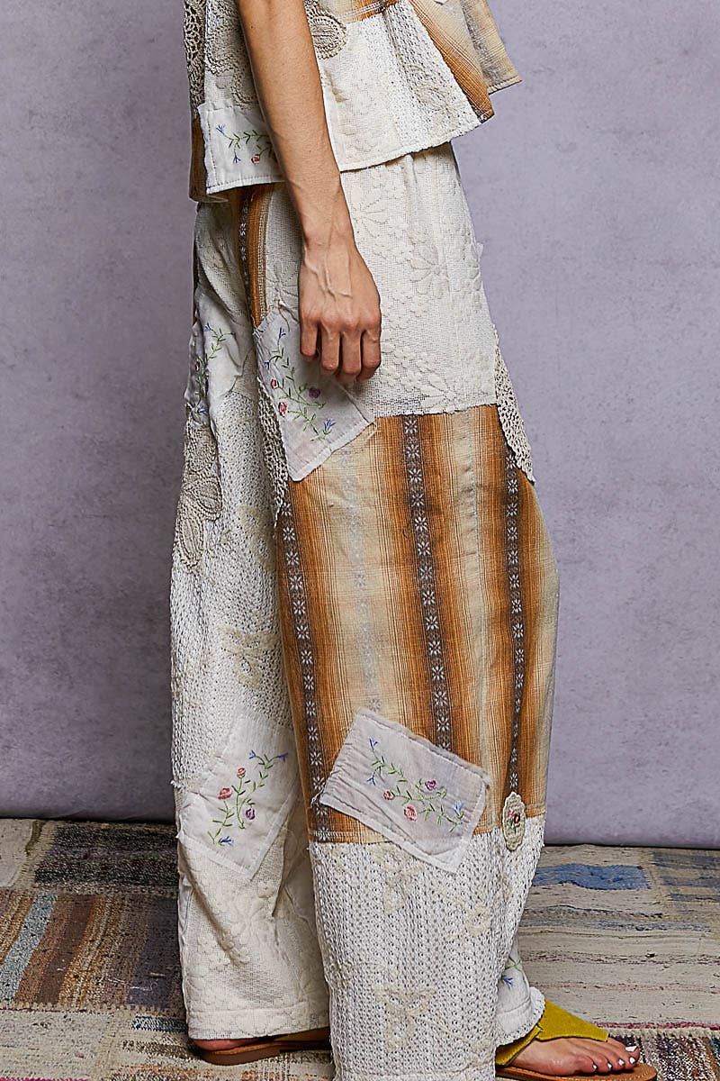 "Deacon" Patchwork Wide Leg Pants in Ivory Chocolate